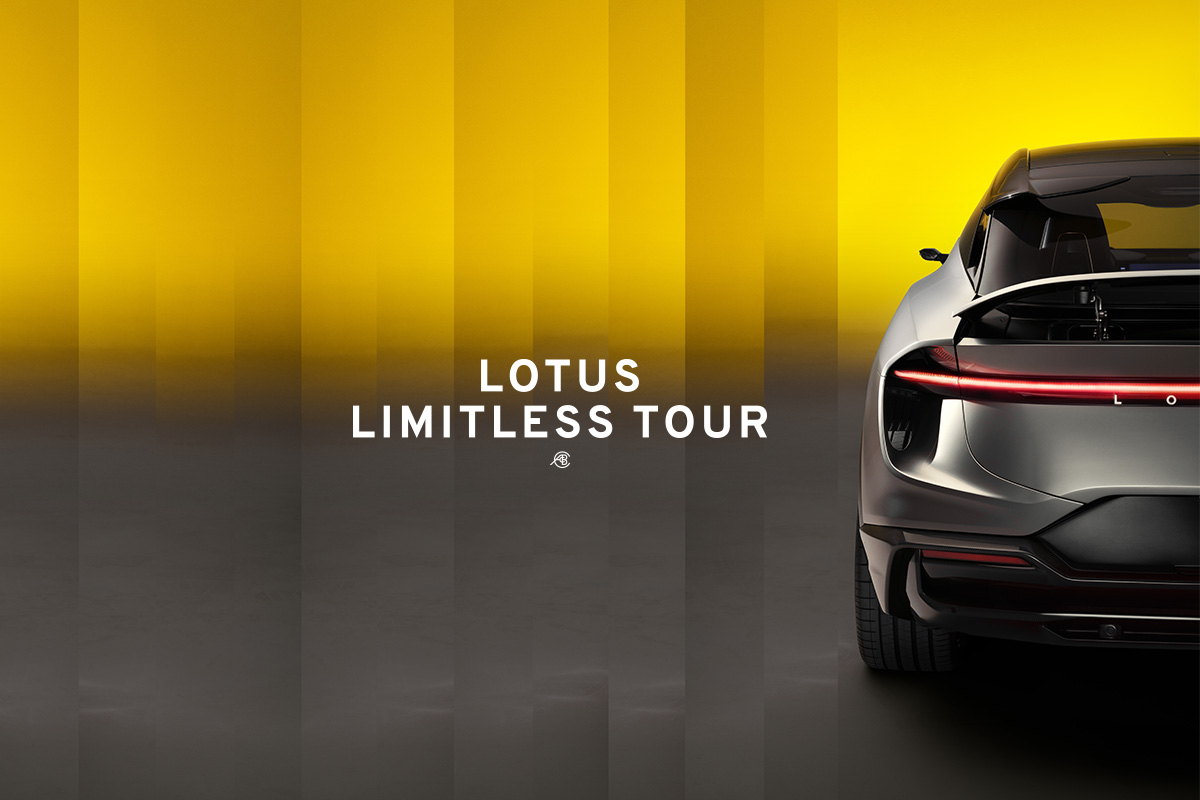 Partial rear shot of a silver Lotus Eletre on an abstract yellow and grey background. Overlaid with the text "Lotus Limitless Tour ft