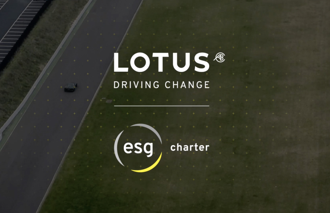 Aerial shot of a Lotus car on a test track or airfield runway. The image is overlaid with the text "Lotus: Driving Change" above the ESG Charter logo