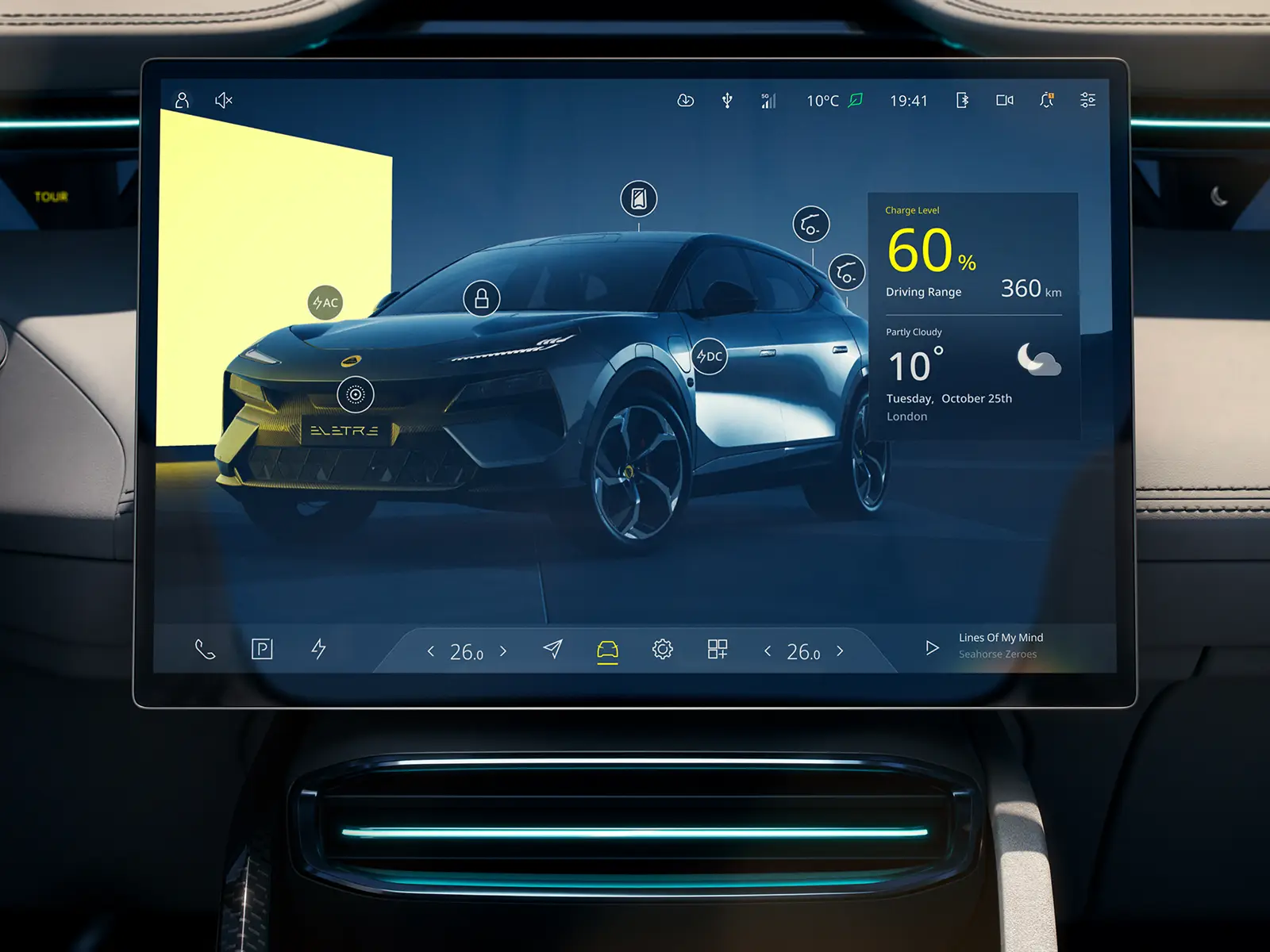 Lotus Hyper OS interface on the Eletre OLED touchscreen