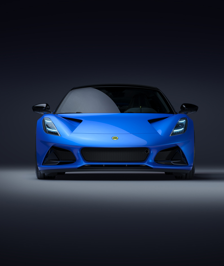 Front profile of a blue Lotus Emira in an abstract grey environment